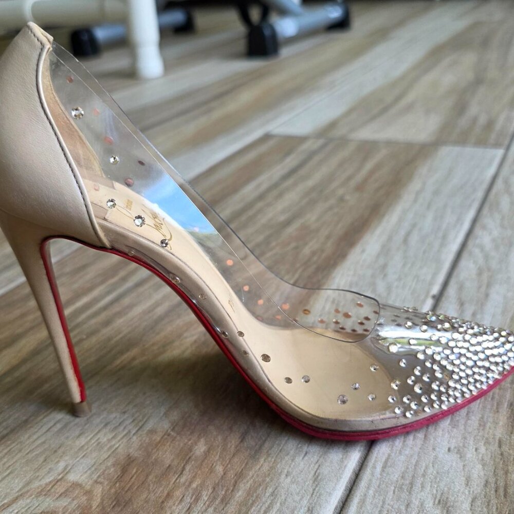 Christian Louboutin Degrastrass Nude & PVC Embellished Crystal Shoe Eur.37 - Picture 12 of 16